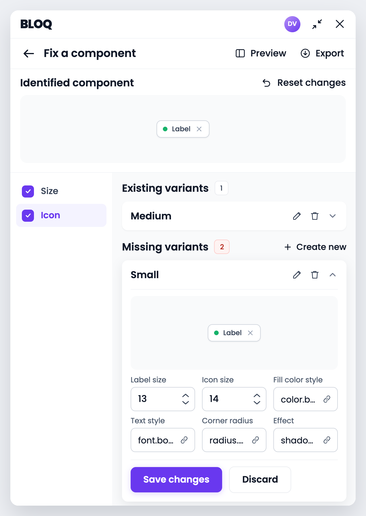Bloq's fix-a-component screen: a label's missing variants, each property linked to a token