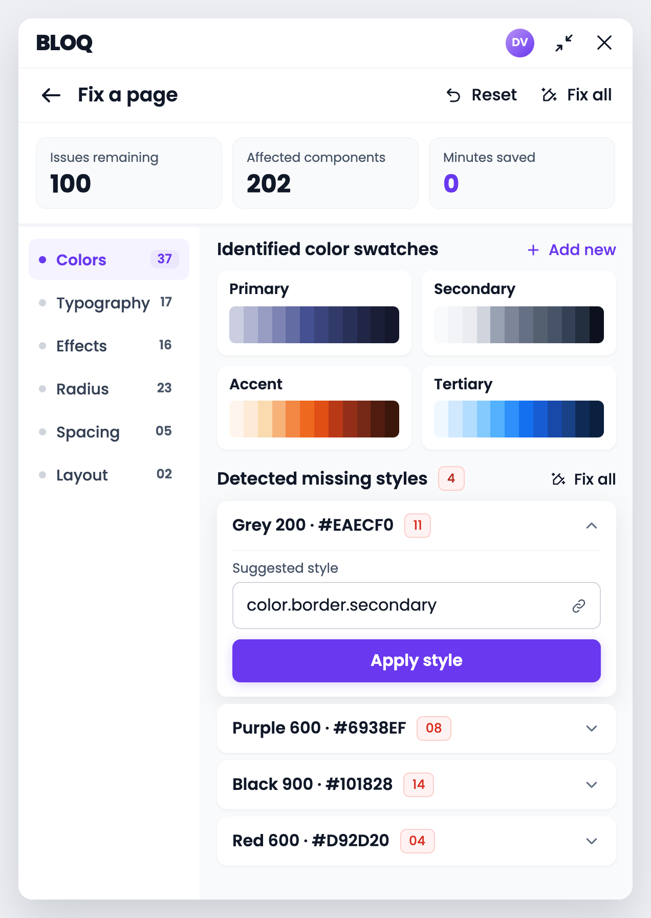 Bloq's fix-a-page screen: 100 issues across 202 components, and a missing grey matched to a suggested token