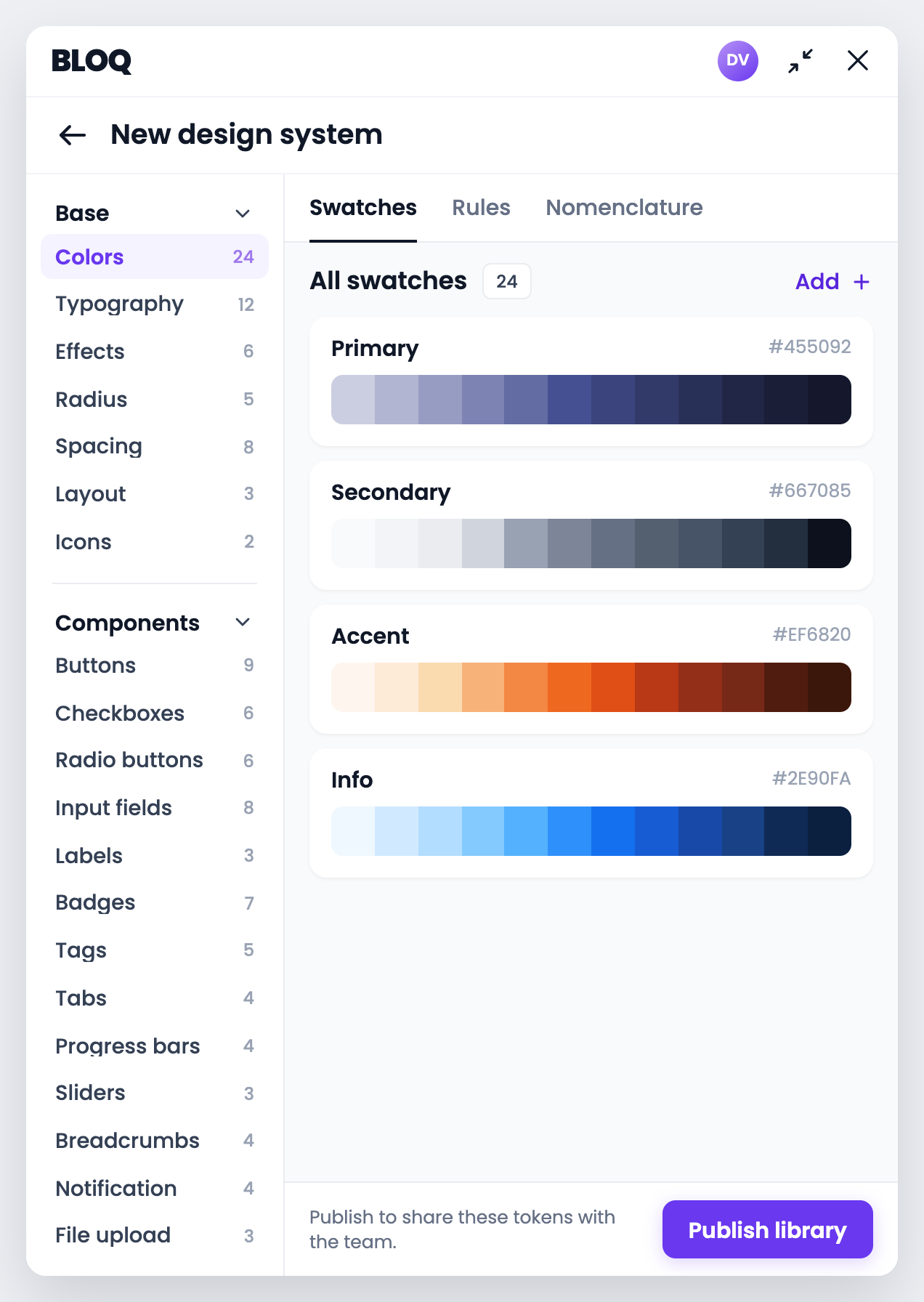 Bloq's new design system screen: a full shade scale for the primary, secondary, accent and info swatches