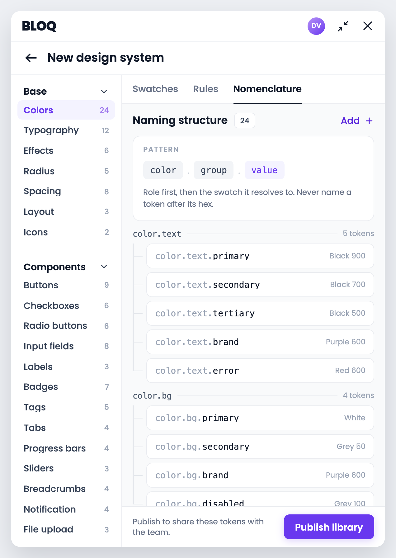 Bloq's naming structure: the color.group.value pattern, with text and background tokens grouped by purpose