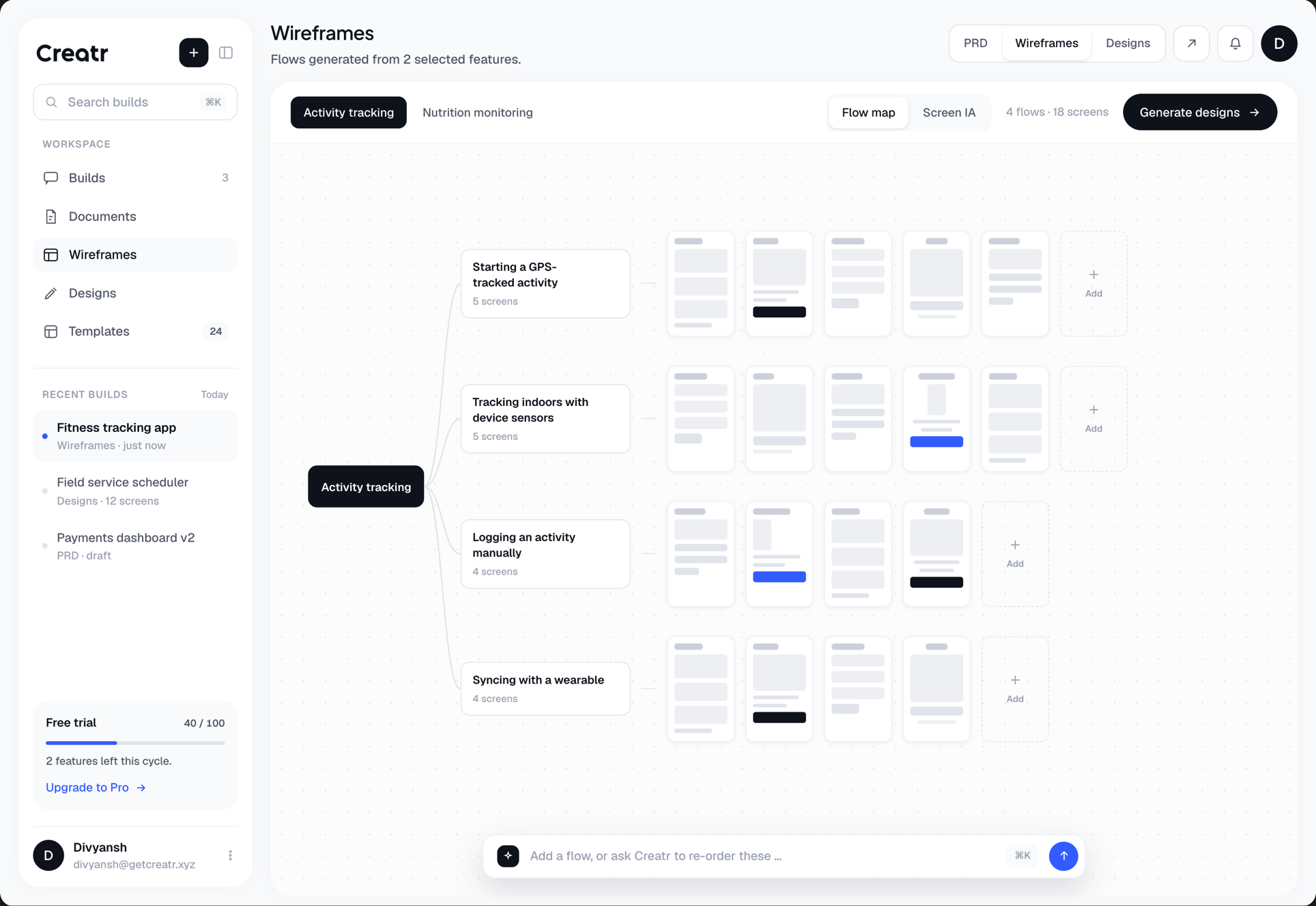 The flow map: the activity-tracking feature split into four user flows, each a row of wireframe screens