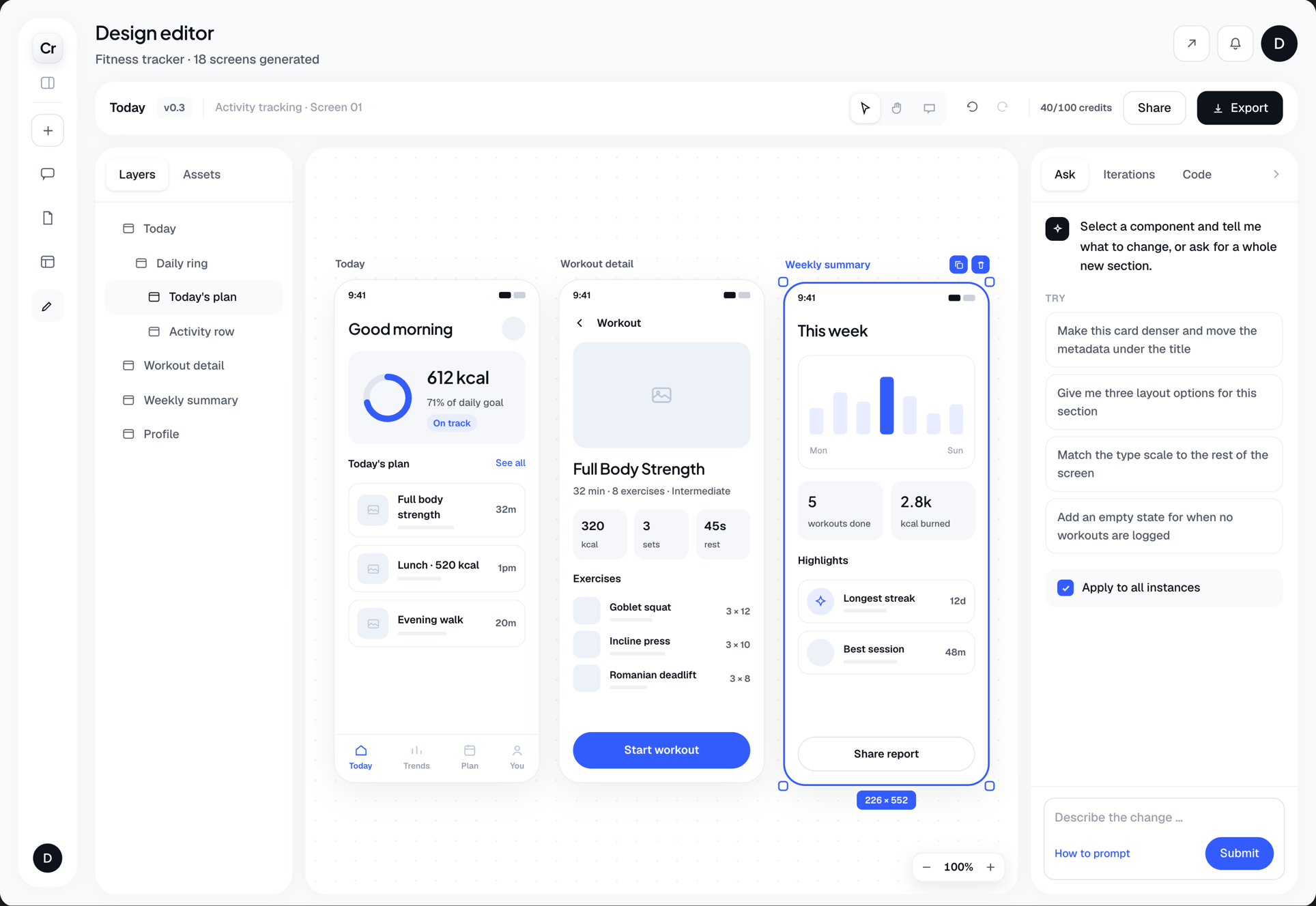 The design editor: three generated screens on the canvas, one selected, with the Ask panel open to change it in plain language