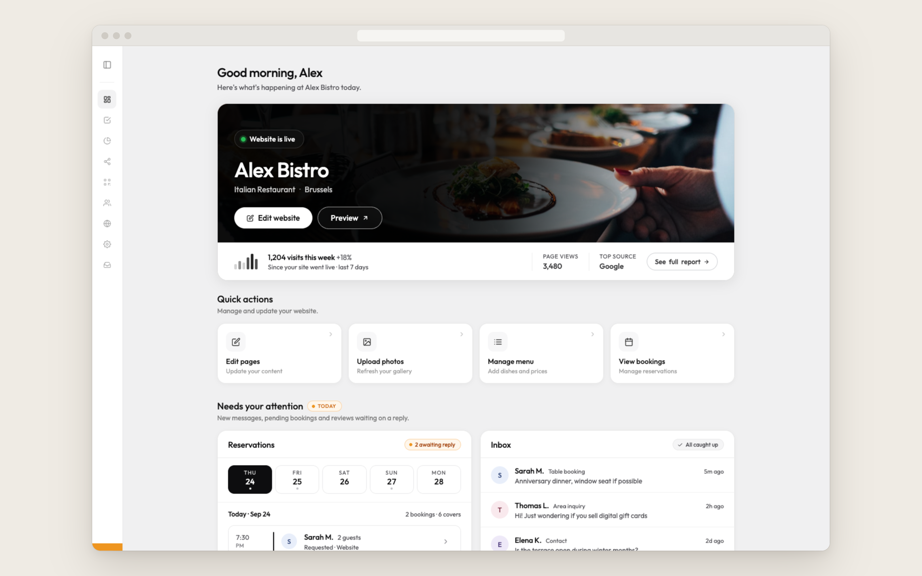 After: the Stride dashboard, the live website up top with its visits, quick actions, then reservations and messages that need a reply today