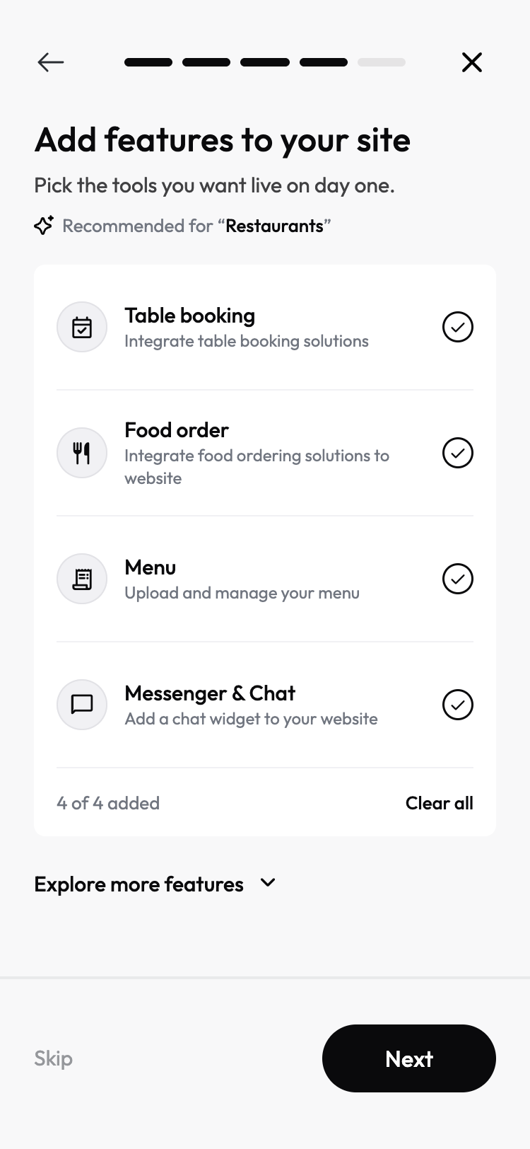 Add features: four tools recommended for restaurants, already added