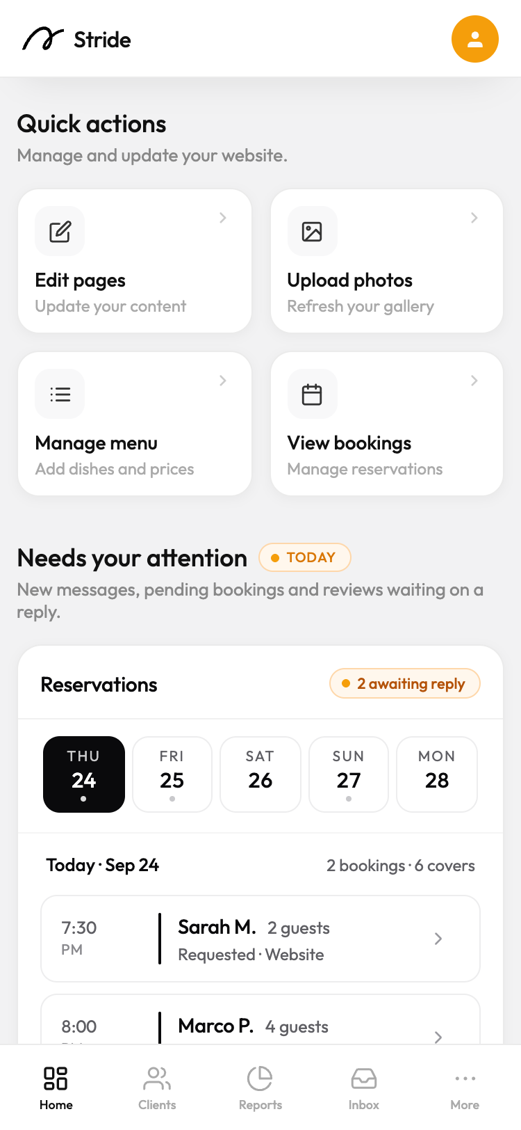 The dashboard on a phone: quick actions, then reservations awaiting a reply today